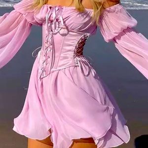 Mini Dress, Women Summer Beach Vacation Long Sleeve Corset Bandage pink dress